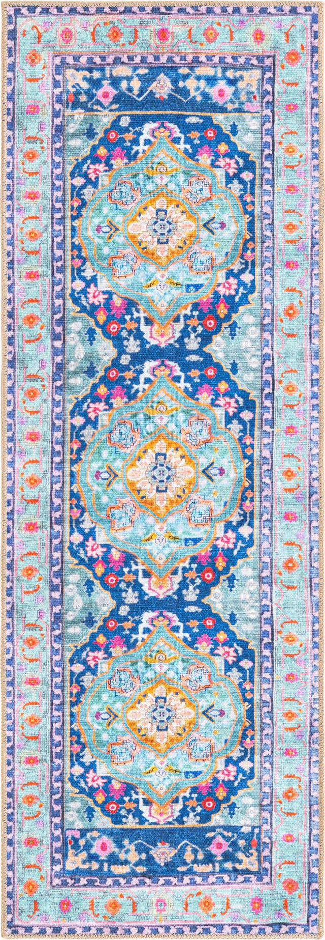 Washable Blue 2' x 6' Timeless Runner Area Rug Easy to Clean Stain Resistant & Durable Traditional Classic Vintage Design Carpet for Sale at Rug Engine
