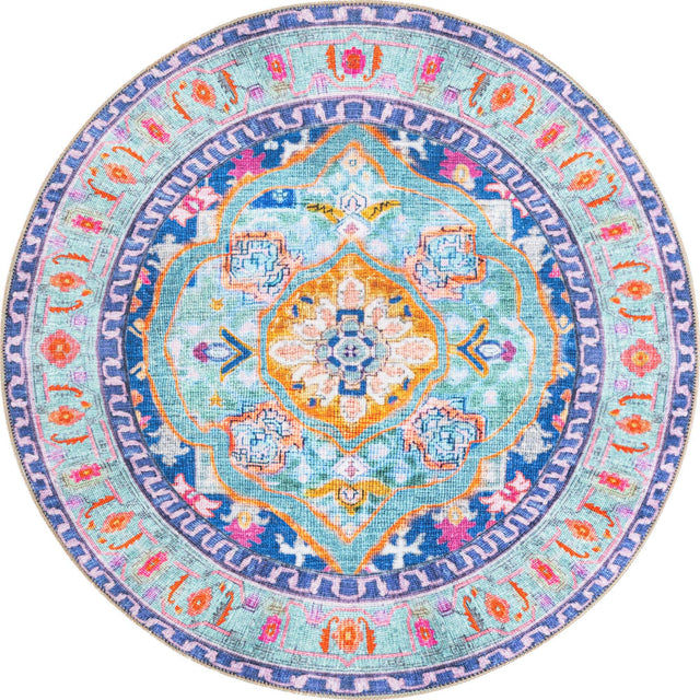 Washable Blue 3' 6 x 3' 6 Timeless Round Area Rug Easy to Clean Stain Resistant & Durable Traditional Classic Vintage Design Carpet for Sale at Rug Engine