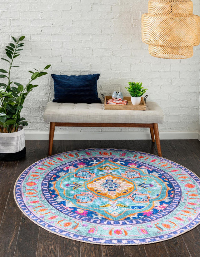 Washable Blue 7' 7 x 7' 7 Timeless Round Area Rug Easy to Clean Stain Resistant & Durable Traditional Classic Vintage Design Carpet for Sale at Rug Engine