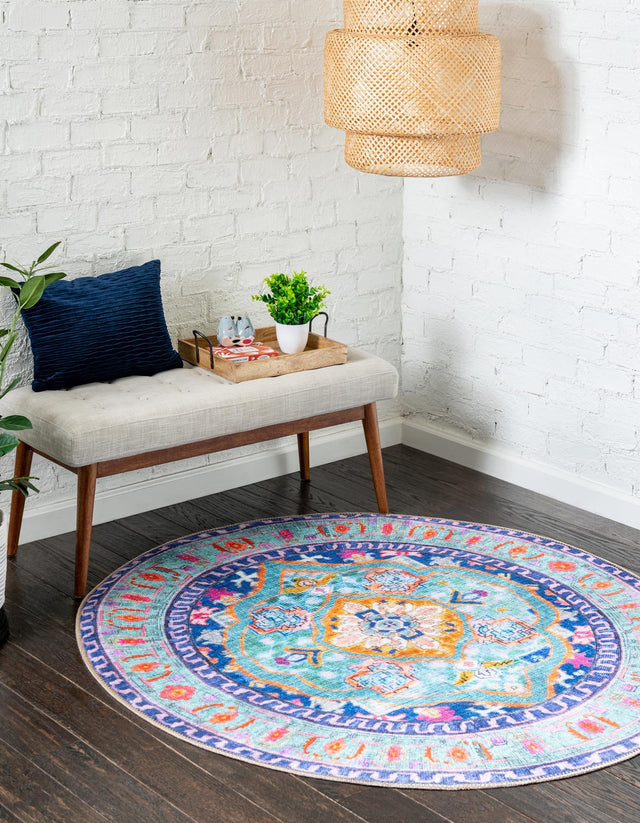 Washable Blue 7' 7 x 7' 7 Timeless Round Area Rug Easy to Clean Stain Resistant & Durable Traditional Classic Vintage Design Carpet for Sale at Rug Engine
