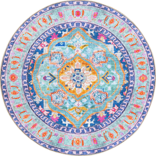 Washable Blue 5' x 5' Timeless Round Area Rug Easy to Clean Stain Resistant & Durable Traditional Classic Vintage Design Carpet for Sale at Rug Engine