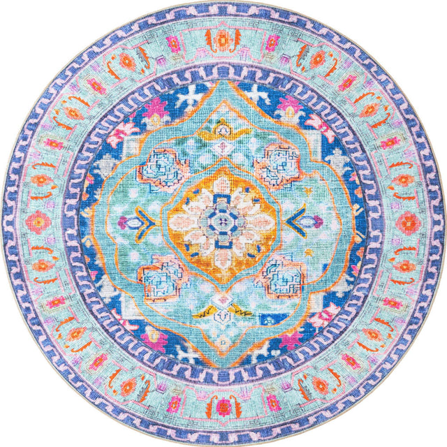 Washable Blue 7' 7 x 7' 7 Timeless Round Area Rug Easy to Clean Stain Resistant & Durable Traditional Classic Vintage Design Carpet for Sale at Rug Engine