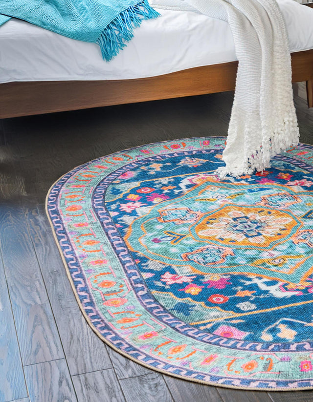 Washable Blue 7' 6 x 10' 6 Timeless Oval Area Rug Easy to Clean Stain Resistant & Durable Traditional Classic Vintage Design Carpet for Sale at Rug Engine
