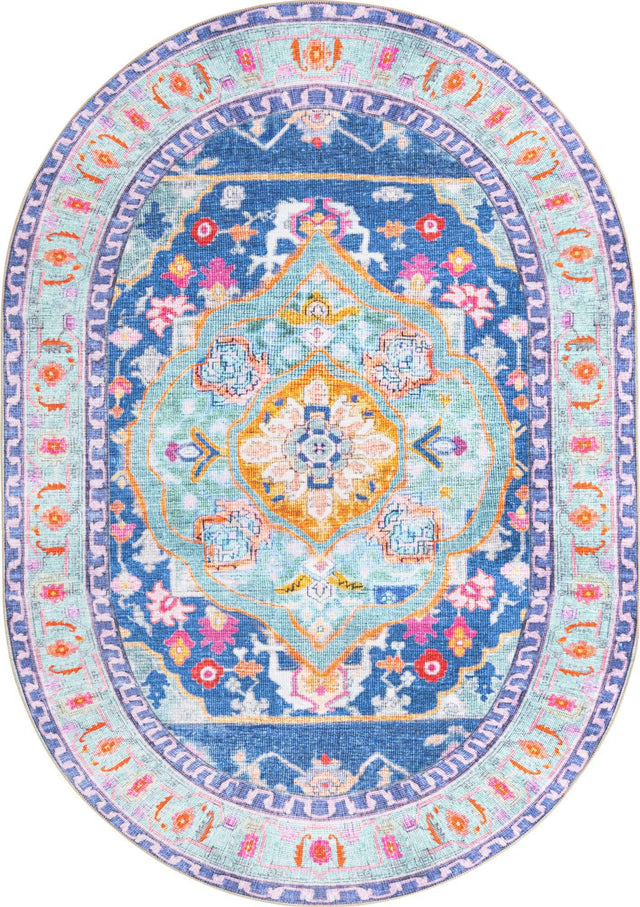 Washable Blue 7' 6 x 10' 6 Timeless Oval Area Rug Easy to Clean Stain Resistant & Durable Traditional Classic Vintage Design Carpet for Sale at Rug Engine