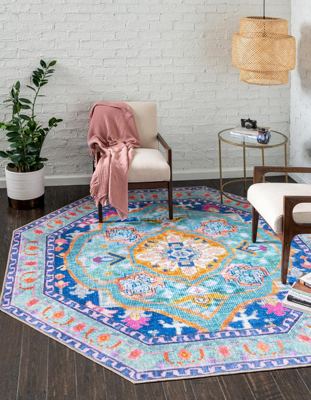 Washable Blue 5' 3 x 5' 3 Timeless Octagon Area Rug Easy to Clean Stain Resistant & Durable Traditional Classic Vintage Design Carpet for Sale at Rug Engine