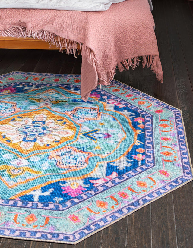 Washable Blue 7' 6 x 7' 6 Timeless Octagon Area Rug Easy to Clean Stain Resistant & Durable Traditional Classic Vintage Design Carpet for Sale at Rug Engine