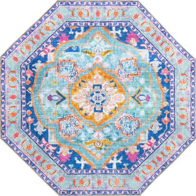 Washable Blue 7' 6 x 7' 6 Timeless Octagon Area Rug Easy to Clean Stain Resistant & Durable Traditional Classic Vintage Design Carpet for Sale at Rug Engine