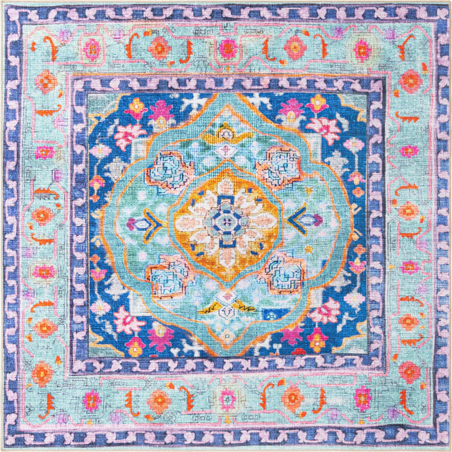 Washable Blue 7' 6 x 7' 6 Timeless Square Area Rug Easy to Clean Stain Resistant & Durable Traditional Classic Vintage Design Carpet for Sale at Rug Engine