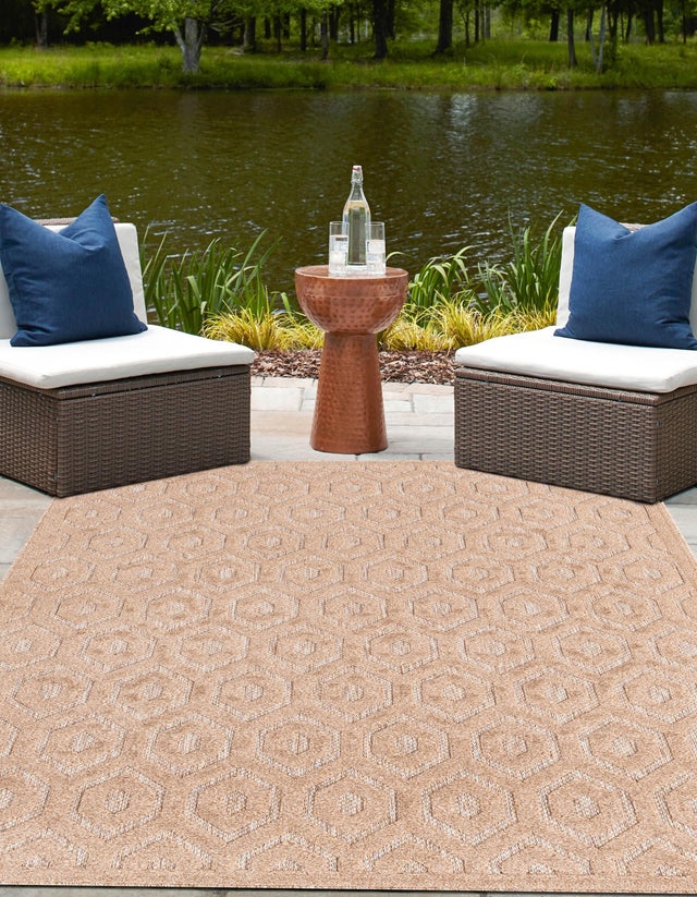 Beige 7' 10 x 10' Outdoor Trellis Textured Rectangle Area Rug Weather Resistant for Patio, Deck, Terrace, Balcony, Porch Geometric Design Water Safe Outside Carpet for Sale at Rug Engine