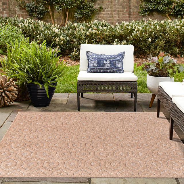 Beige 7' 10 x 7' 10 Outdoor Trellis Textured Square Area Rug Weather Resistant for Patio, Deck, Terrace, Balcony, Porch Geometric Design Water Safe Outside Carpet for Sale at Rug Engine