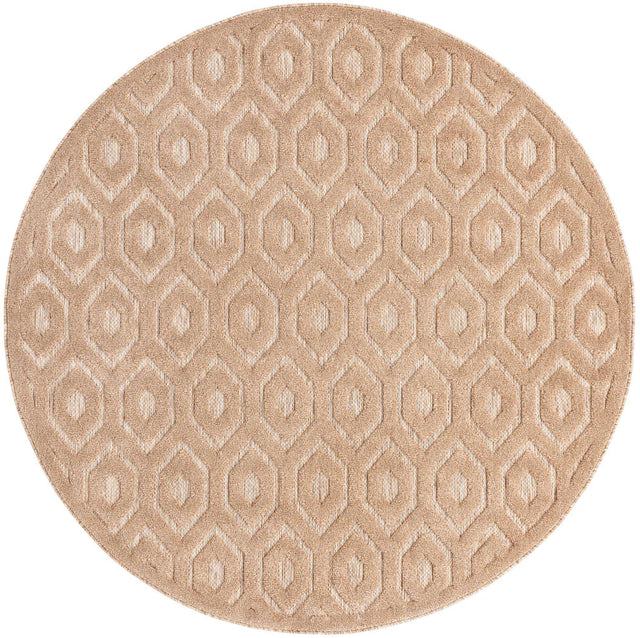 Beige 7' x 7' Outdoor Trellis Textured Round Area Rug Weather Resistant for Patio, Deck, Terrace, Balcony, Porch Geometric Design Water Safe Outside Carpet for Sale at Rug Engine