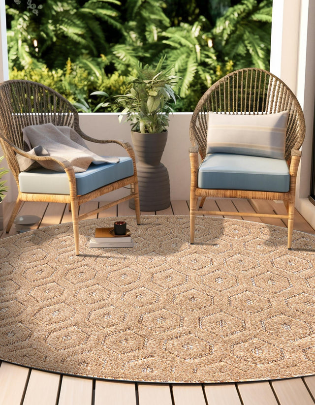 Beige 7' x 7' Outdoor Trellis Textured Round Area Rug Weather Resistant for Patio, Deck, Terrace, Balcony, Porch Geometric Design Water Safe Outside Carpet for Sale at Rug Engine