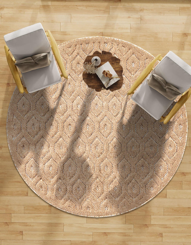 Beige 4' x 4' Outdoor Trellis Textured Round Area Rug Weather Resistant for Patio, Deck, Terrace, Balcony, Porch Geometric Design Water Safe Outside Carpet for Sale at Rug Engine