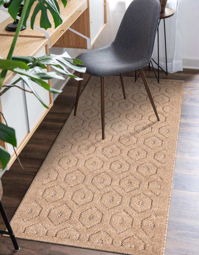 Beige 2' x 8' Outdoor Trellis Textured Runner Area Rug Weather Resistant for Patio, Deck, Terrace, Balcony, Porch Geometric Design Water Safe Outside Carpet for Sale at Rug Engine