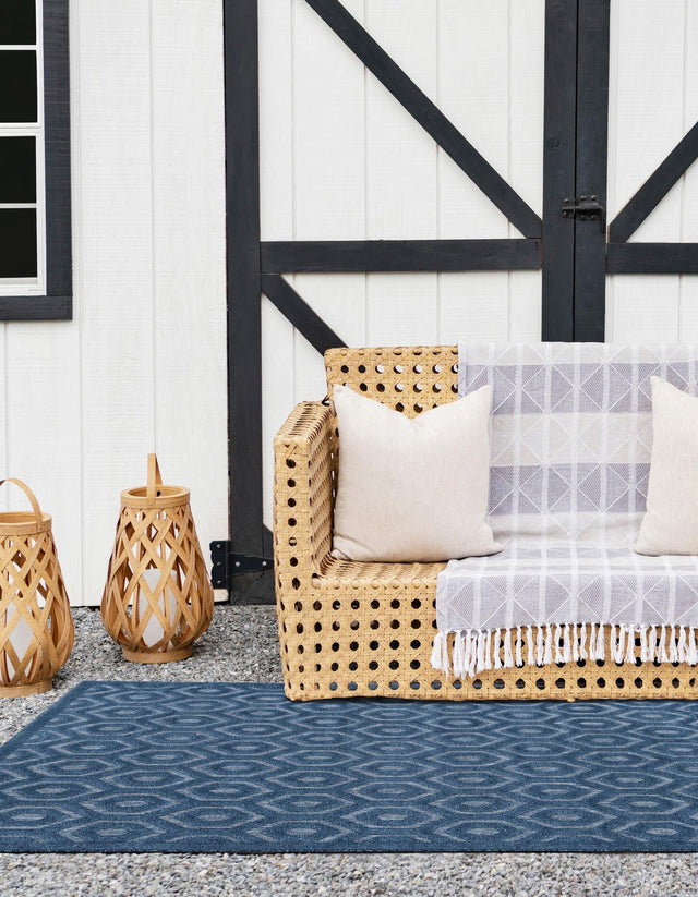 Navy Blue 6' x 9' Outdoor Trellis Textured Rectangle Area Rug Weather Resistant for Patio, Deck, Terrace, Balcony, Porch Geometric Design Water Safe Outside Carpet for Sale at Rug Engine