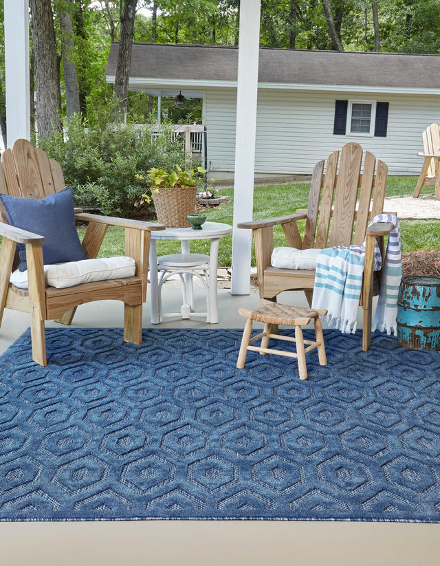 Navy Blue 7' 10 x 7' 10 Outdoor Trellis Textured Square Area Rug Weather Resistant for Patio, Deck, Terrace, Balcony, Porch Geometric Design Water Safe Outside Carpet for Sale at Rug Engine