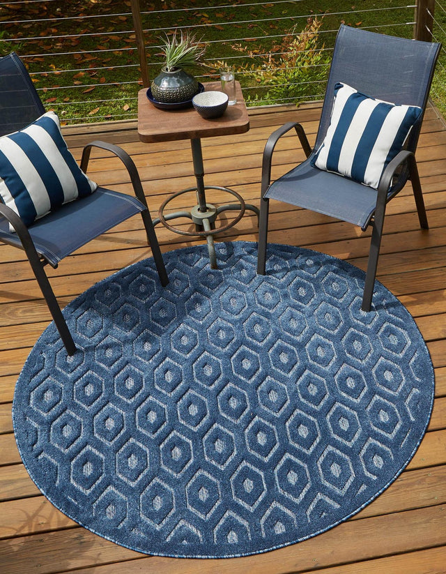 Navy Blue 4' x 4' Outdoor Trellis Textured Round Area Rug Weather Resistant for Patio, Deck, Terrace, Balcony, Porch Geometric Design Water Safe Outside Carpet for Sale at Rug Engine