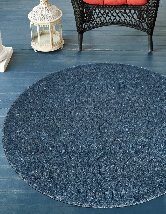 Navy Blue 4' x 4' Outdoor Trellis Textured Round Area Rug Weather Resistant for Patio, Deck, Terrace, Balcony, Porch Geometric Design Water Safe Outside Carpet for Sale at Rug Engine