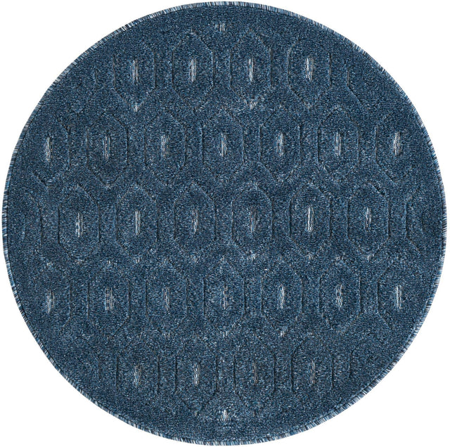 Navy Blue 3' x 3' Outdoor Trellis Textured Round Area Rug Weather Resistant for Patio, Deck, Terrace, Balcony, Porch Geometric Design Water Safe Outside Carpet for Sale at Rug Engine