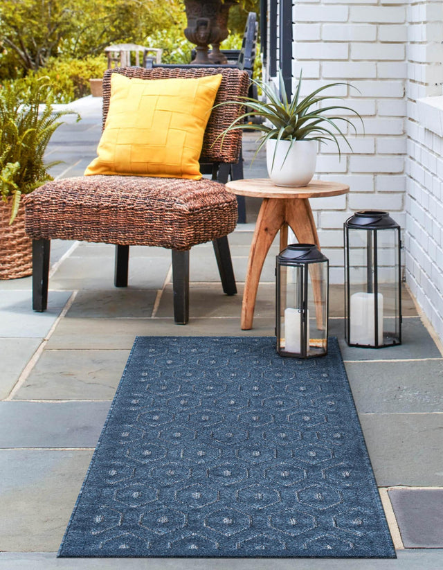 Navy Blue 2' x 6' Outdoor Trellis Textured Runner Area Rug Weather Resistant for Patio, Deck, Terrace, Balcony, Porch Geometric Design Water Safe Outside Carpet for Sale at Rug Engine