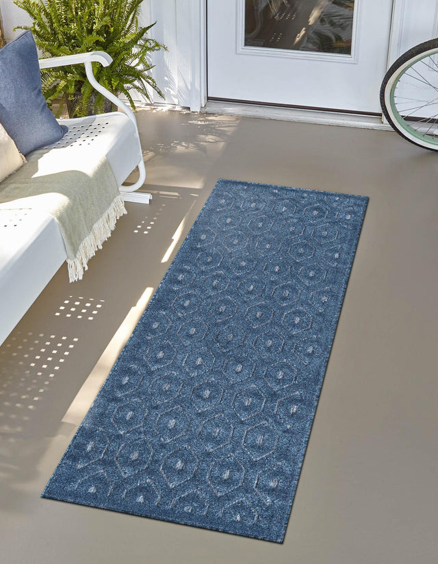 Navy Blue 2' x 8' Outdoor Trellis Textured Runner Area Rug Weather Resistant for Patio, Deck, Terrace, Balcony, Porch Geometric Design Water Safe Outside Carpet for Sale at Rug Engine