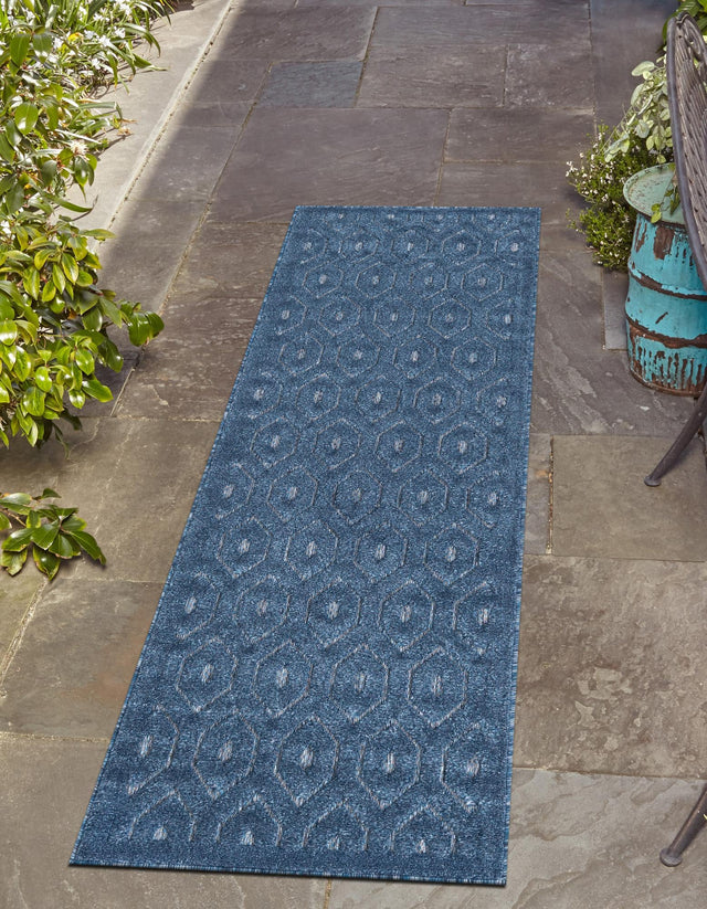 Navy Blue 2' x 6' Outdoor Trellis Textured Runner Area Rug Weather Resistant for Patio, Deck, Terrace, Balcony, Porch Geometric Design Water Safe Outside Carpet for Sale at Rug Engine