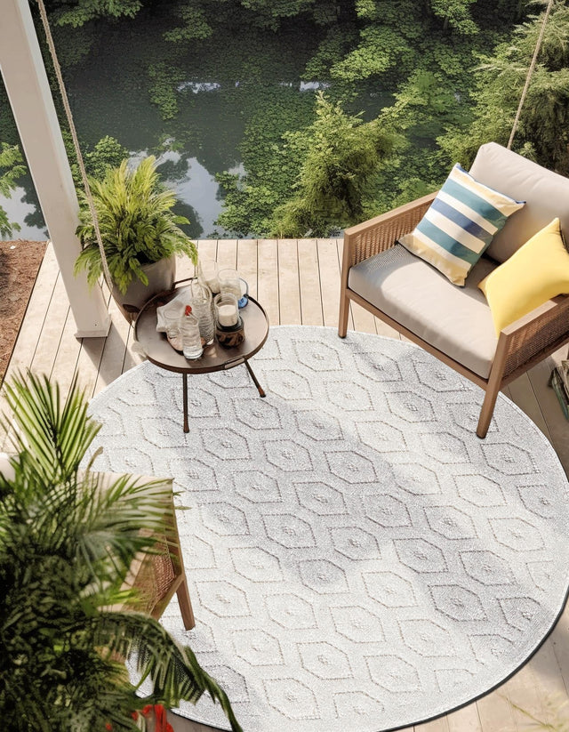Grey 4' x 4' Outdoor Trellis Textured Round Area Rug Weather Resistant for Patio, Deck, Terrace, Balcony, Porch Geometric Design Water Safe Outside Carpet for Sale at Rug Engine