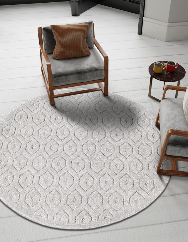 Grey 5' 3 x 5' 3 Outdoor Trellis Textured Round Area Rug Weather Resistant for Patio, Deck, Terrace, Balcony, Porch Geometric Design Water Safe Outside Carpet for Sale at Rug Engine
