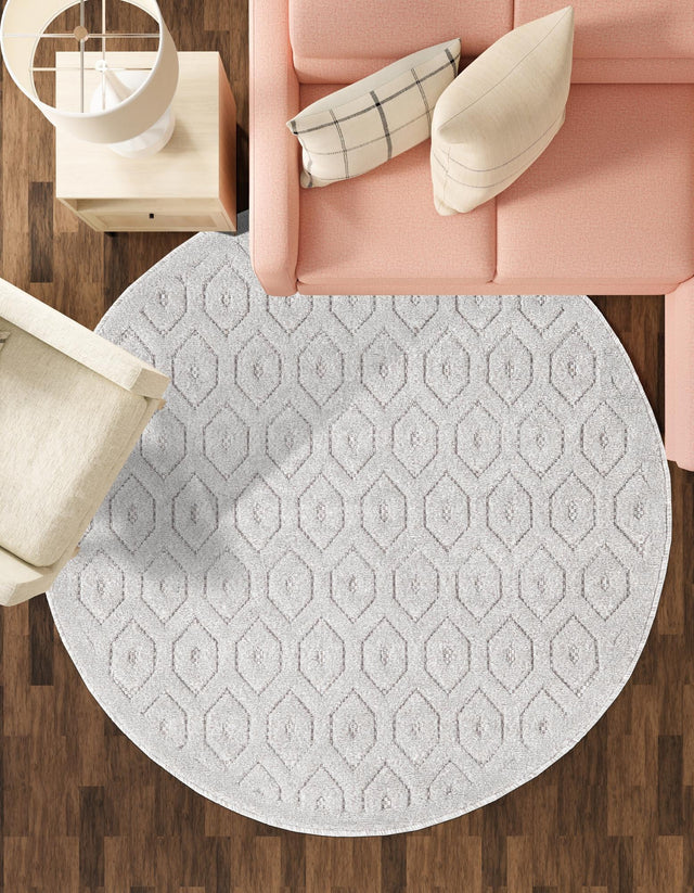 Grey 4' x 4' Outdoor Trellis Textured Round Area Rug Weather Resistant for Patio, Deck, Terrace, Balcony, Porch Geometric Design Water Safe Outside Carpet for Sale at Rug Engine