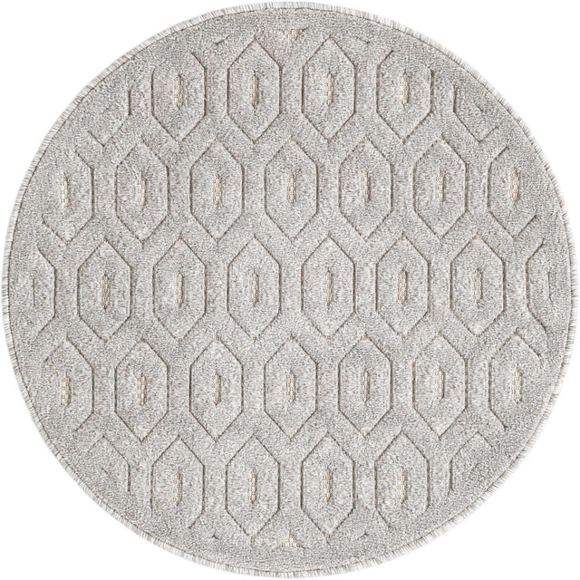 Grey 3' x 3' Outdoor Trellis Textured Round Area Rug Weather Resistant for Patio, Deck, Terrace, Balcony, Porch Geometric Design Water Safe Outside Carpet for Sale at Rug Engine