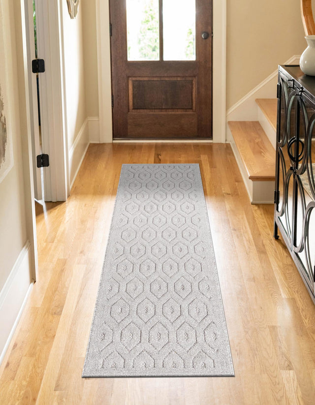 Grey 2' x 6' Outdoor Trellis Textured Runner Area Rug Weather Resistant for Patio, Deck, Terrace, Balcony, Porch Geometric Design Water Safe Outside Carpet for Sale at Rug Engine