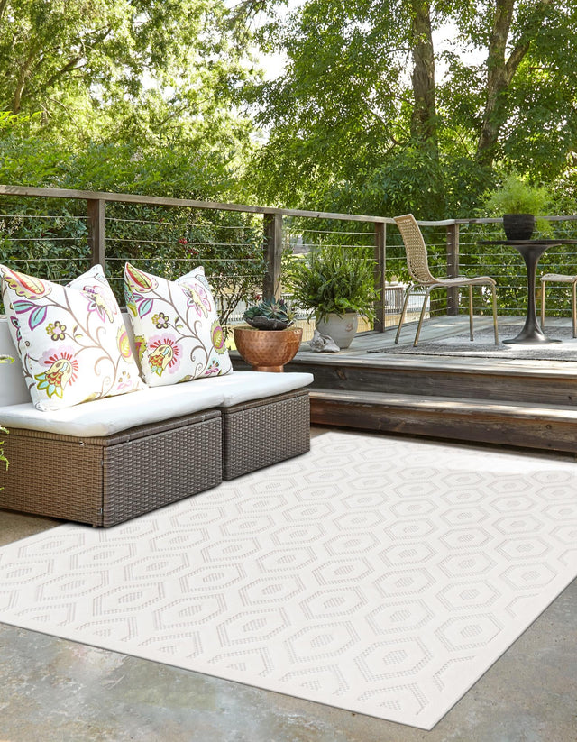 Ivory 5' 3 x 8' Outdoor Trellis Textured Rectangle Area Rug Weather Resistant for Patio, Deck, Terrace, Balcony, Porch Geometric Design Water Safe Outside Carpet for Sale at Rug Engine