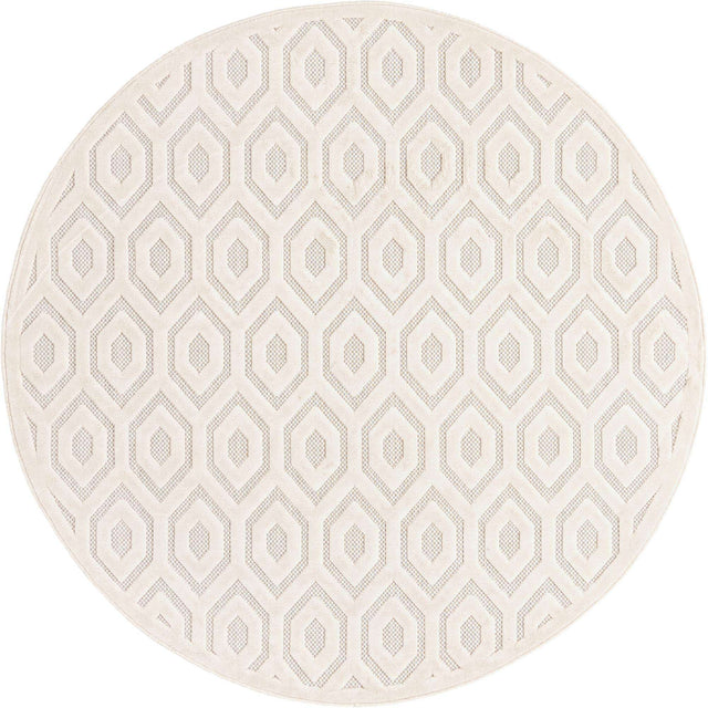 Ivory 7' x 7' Outdoor Trellis Textured Round Area Rug Weather Resistant for Patio, Deck, Terrace, Balcony, Porch Geometric Design Water Safe Outside Carpet for Sale at Rug Engine