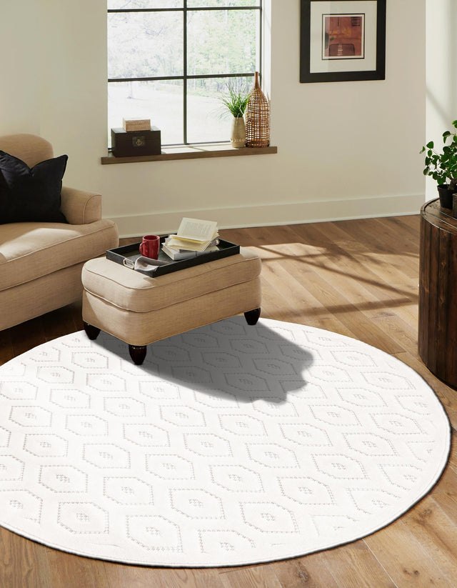 Ivory 4' x 4' Outdoor Trellis Textured Round Area Rug Weather Resistant for Patio, Deck, Terrace, Balcony, Porch Geometric Design Water Safe Outside Carpet for Sale at Rug Engine