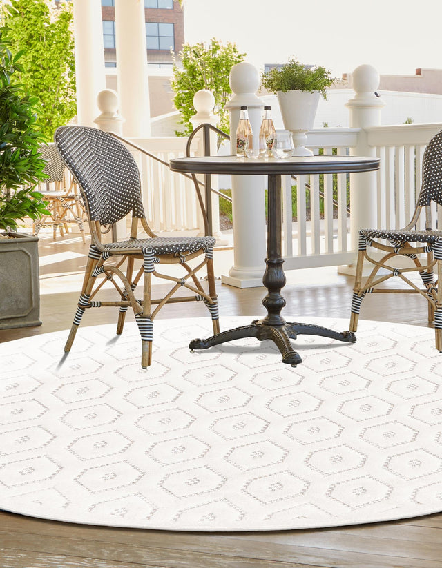 Ivory 4' x 4' Outdoor Trellis Textured Round Area Rug Weather Resistant for Patio, Deck, Terrace, Balcony, Porch Geometric Design Water Safe Outside Carpet for Sale at Rug Engine