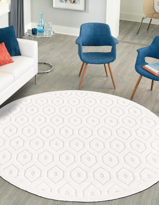 Ivory 5' 3 x 5' 3 Outdoor Trellis Textured Round Area Rug Weather Resistant for Patio, Deck, Terrace, Balcony, Porch Geometric Design Water Safe Outside Carpet for Sale at Rug Engine