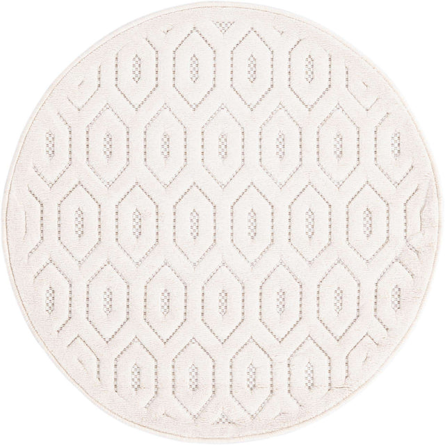 Ivory 3' x 3' Outdoor Trellis Textured Round Area Rug Weather Resistant for Patio, Deck, Terrace, Balcony, Porch Geometric Design Water Safe Outside Carpet for Sale at Rug Engine