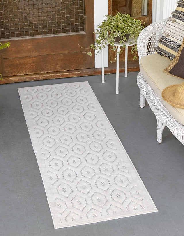 Ivory 2' x 6' Outdoor Trellis Textured Runner Area Rug Weather Resistant for Patio, Deck, Terrace, Balcony, Porch Geometric Design Water Safe Outside Carpet for Sale at Rug Engine