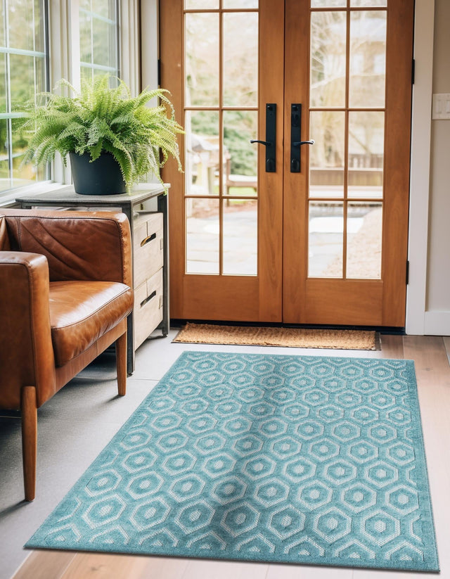 Aqua 5' 3 x 8' Outdoor Trellis Textured Rectangle Area Rug Weather Resistant for Patio, Deck, Terrace, Balcony, Porch Geometric Design Water Safe Outside Carpet for Sale at Rug Engine
