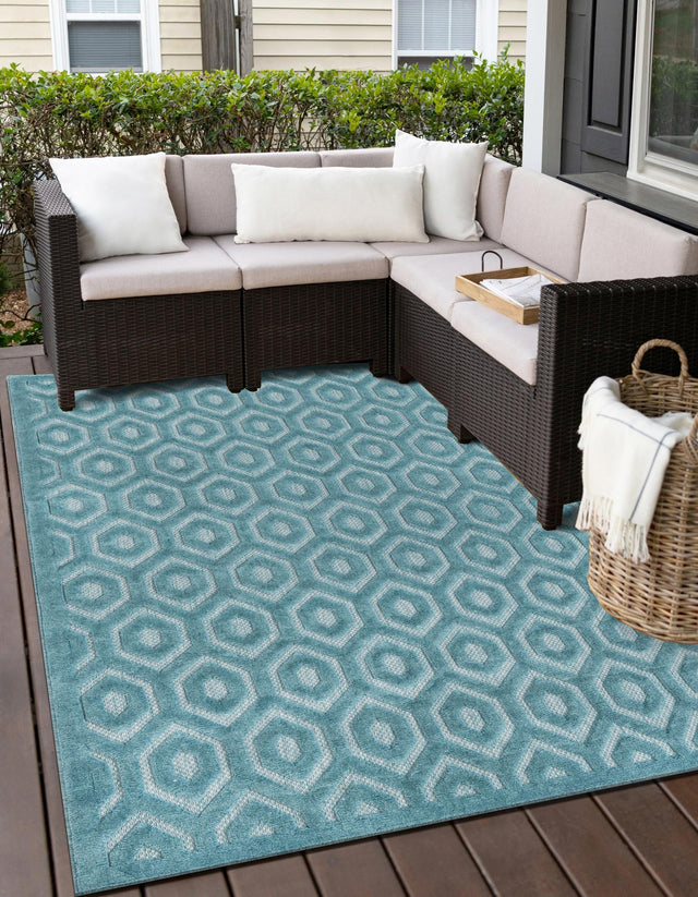 Aqua 6' x 9' Outdoor Trellis Textured Rectangle Area Rug Weather Resistant for Patio, Deck, Terrace, Balcony, Porch Geometric Design Water Safe Outside Carpet for Sale at Rug Engine