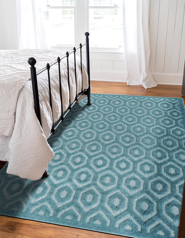 Aqua 7' 10 x 10' Outdoor Trellis Textured Rectangle Area Rug Weather Resistant for Patio, Deck, Terrace, Balcony, Porch Geometric Design Water Safe Outside Carpet for Sale at Rug Engine