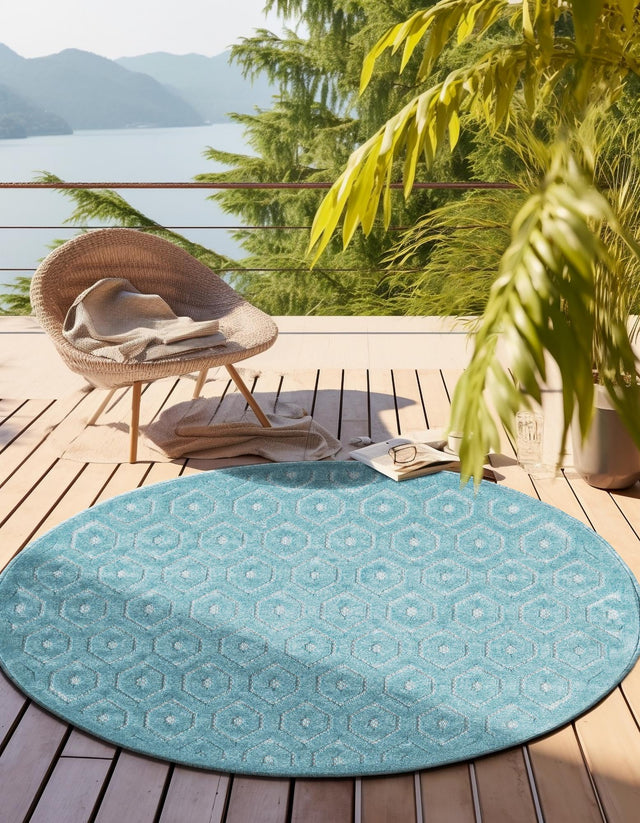 Aqua 3' x 3' Outdoor Trellis Textured Round Area Rug Weather Resistant for Patio, Deck, Terrace, Balcony, Porch Geometric Design Water Safe Outside Carpet for Sale at Rug Engine