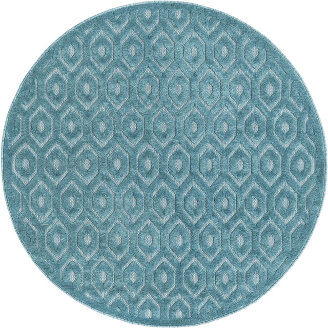 Aqua 5' 3 x 5' 3 Outdoor Trellis Textured Round Area Rug Weather Resistant for Patio, Deck, Terrace, Balcony, Porch Geometric Design Water Safe Outside Carpet for Sale at Rug Engine