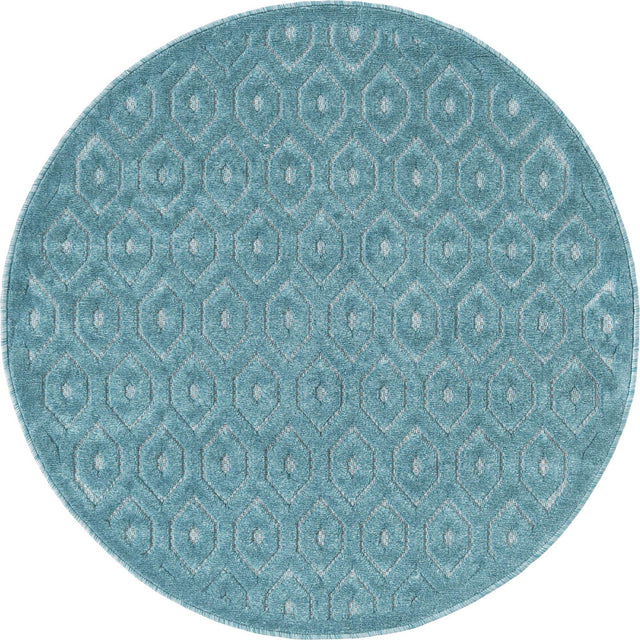 Aqua 4' x 4' Outdoor Trellis Textured Round Area Rug Weather Resistant for Patio, Deck, Terrace, Balcony, Porch Geometric Design Water Safe Outside Carpet for Sale at Rug Engine