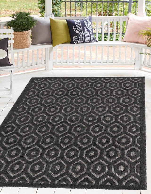 Charcoal 4' x 6' Outdoor Trellis Textured Rectangle Area Rug Weather Resistant for Patio, Deck, Terrace, Balcony, Porch Geometric Design Water Safe Outside Carpet for Sale at Rug Engine