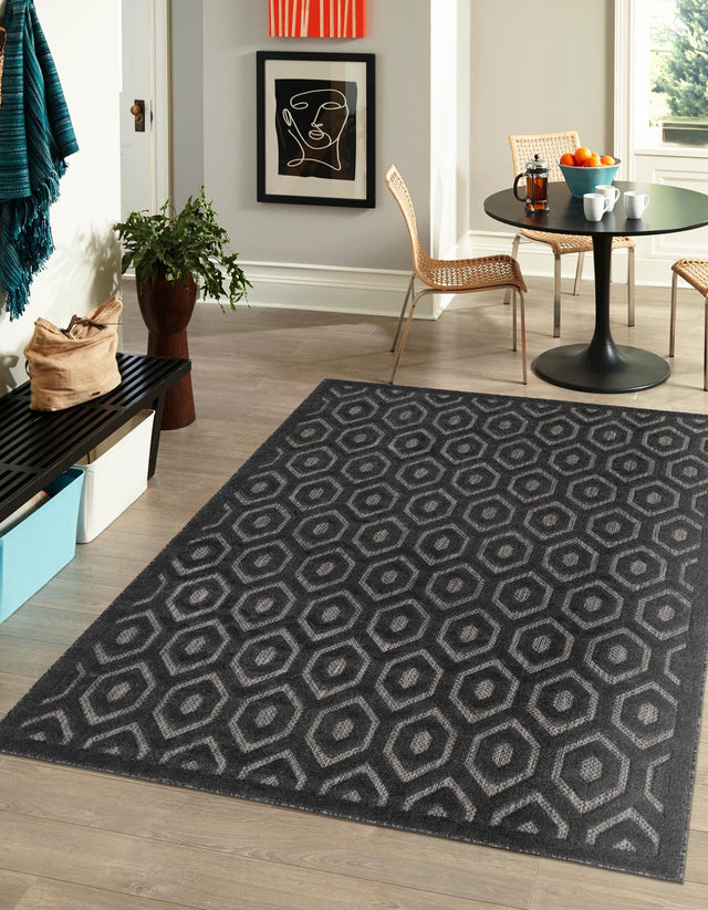 Charcoal 4' x 6' Outdoor Trellis Textured Rectangle Area Rug Weather Resistant for Patio, Deck, Terrace, Balcony, Porch Geometric Design Water Safe Outside Carpet for Sale at Rug Engine