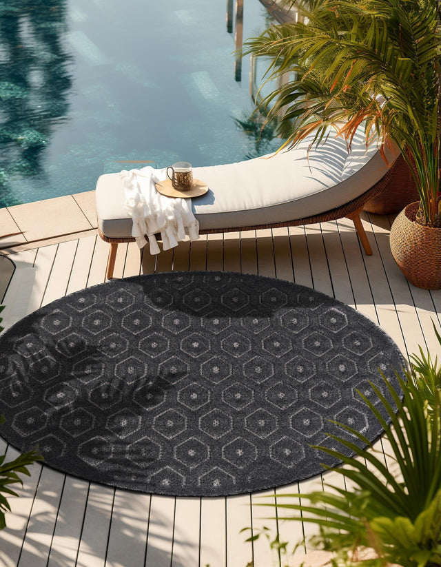 Charcoal 3' x 3' Outdoor Trellis Textured Round Area Rug Weather Resistant for Patio, Deck, Terrace, Balcony, Porch Geometric Design Water Safe Outside Carpet for Sale at Rug Engine