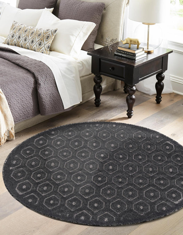 Charcoal 3' x 3' Outdoor Trellis Textured Round Area Rug Weather Resistant for Patio, Deck, Terrace, Balcony, Porch Geometric Design Water Safe Outside Carpet for Sale at Rug Engine