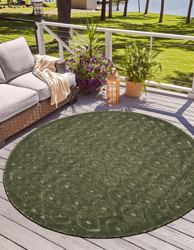 Green 3' x 3' Outdoor Trellis Textured Round Area Rug Weather Resistant for Patio, Deck, Terrace, Balcony, Porch Geometric Design Water Safe Outside Carpet for Sale at Rug Engine