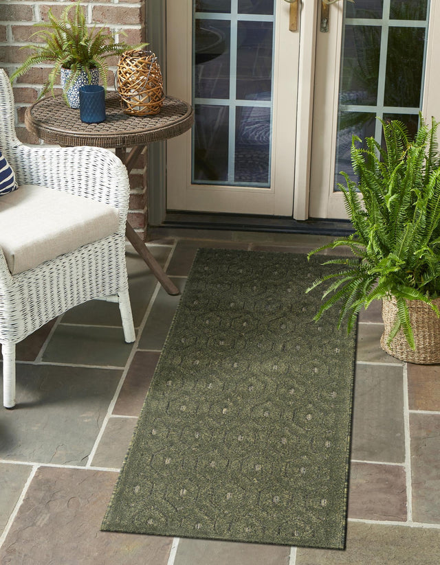 Green 2' x 8' Outdoor Trellis Textured Runner Area Rug Weather Resistant for Patio, Deck, Terrace, Balcony, Porch Geometric Design Water Safe Outside Carpet for Sale at Rug Engine